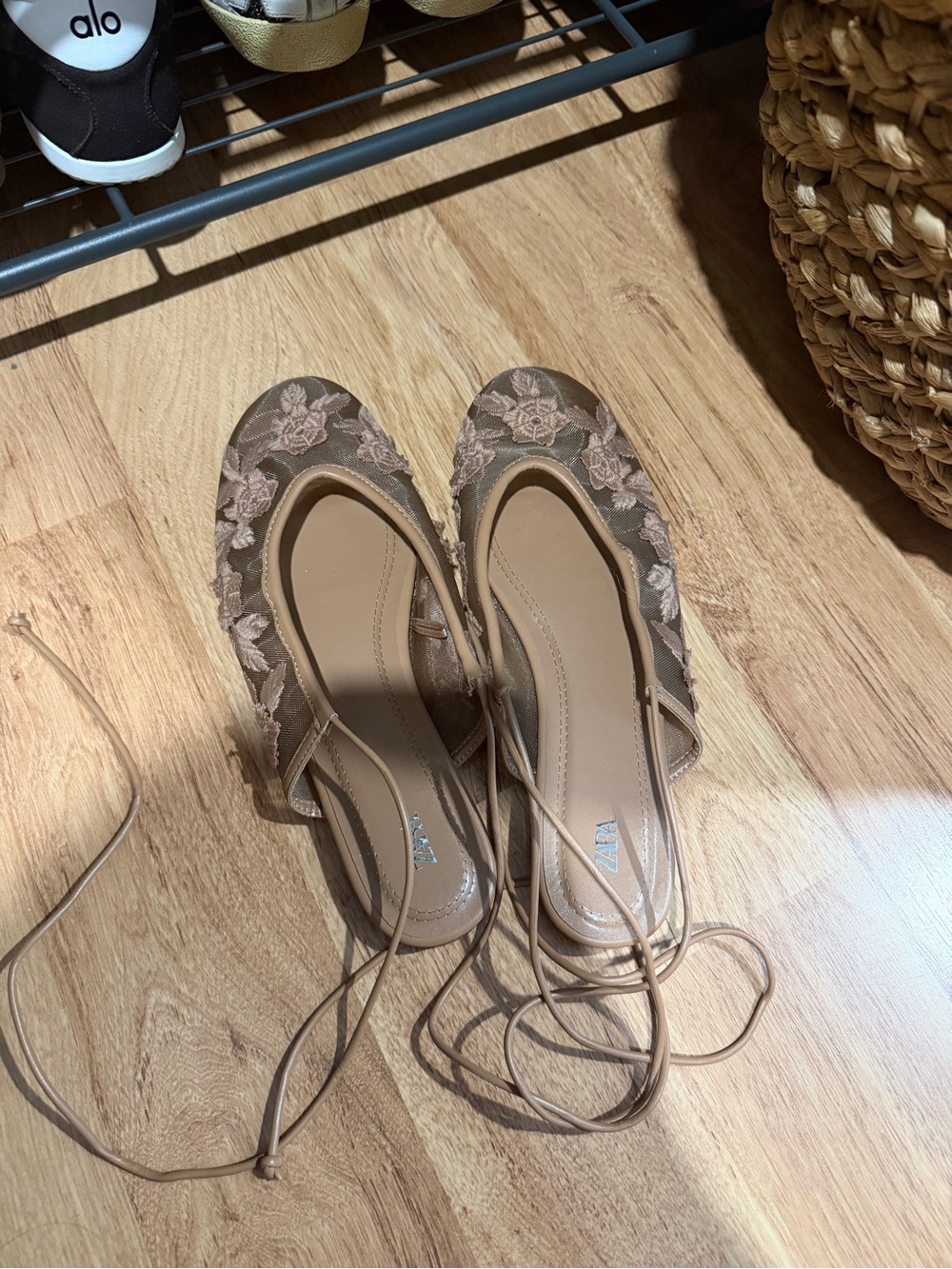 Zara Beige Floral Embroidered Lace-Up Sandals